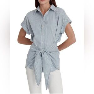 Lauren Ralph Lauren Blue White Striped Short Sleeve Tie Front Shirt Small NWT